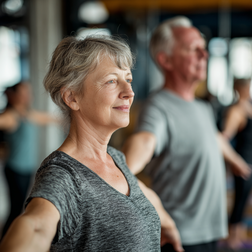 Calm fitness environment for middle-aged adults focusing on stability