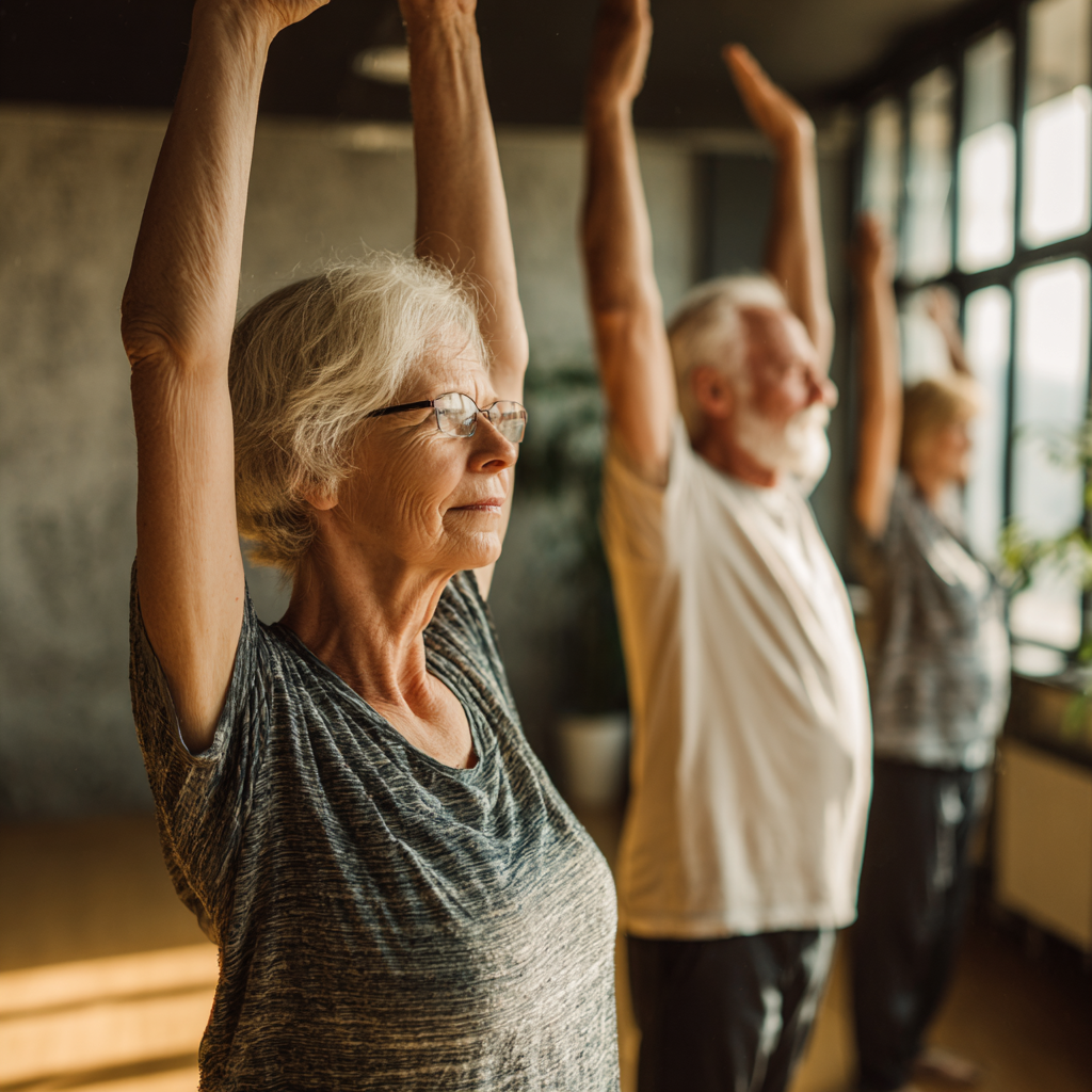 Older adults practicing gentle movement exercises in peaceful environment